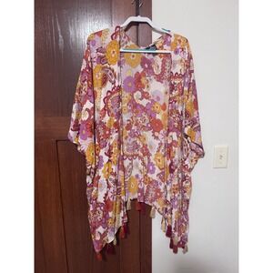 ANGIE Womens M Bohemian Floral Paisley Kimono Duster Tassels Lightweight